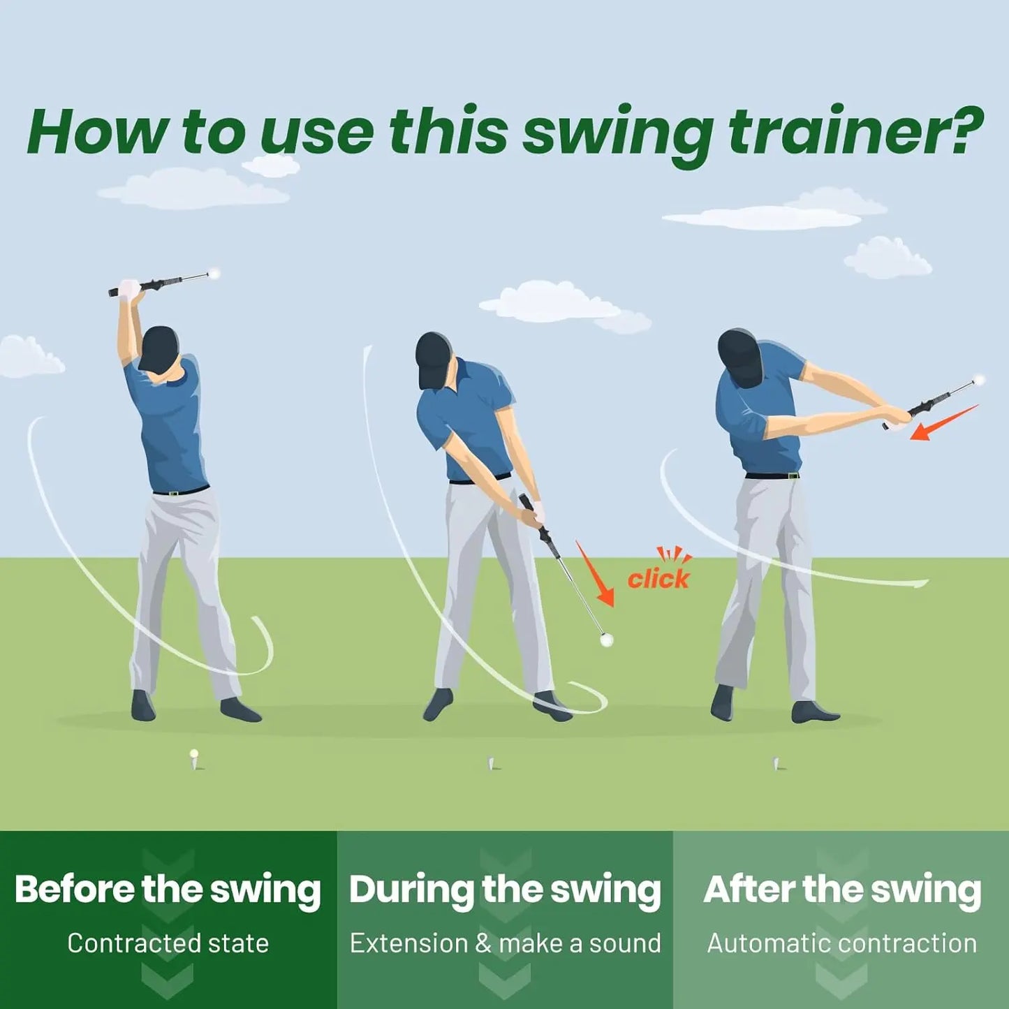 Professional Golf Swing Trainer with Stainless Steel Shaft and Rubber Grip - Portable Device with Click Feedback for Tempo Training Suitable for All Skill Levels