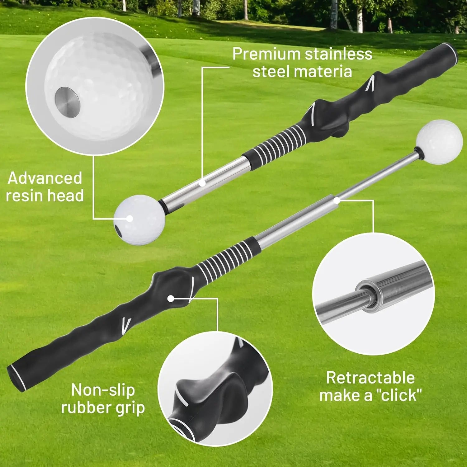Professional Golf Swing Trainer with Stainless Steel Shaft and Rubber Grip - Portable Device with Click Feedback for Tempo Training Suitable for All Skill Levels