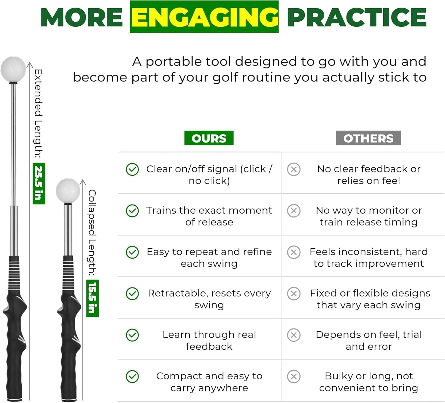 Professional Golf Swing Trainer with Stainless Steel Shaft and Rubber Grip - Portable Device with Click Feedback for Tempo Training Suitable for All Skill Levels